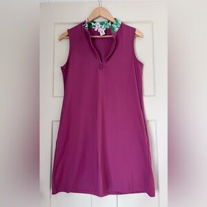 Tommy Bahama Magenta Sleeveless Polo Dress with Floral Trim and Pockets